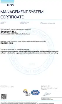 Our ISO 9001 certificate - Secusoft B.V. software for security officers